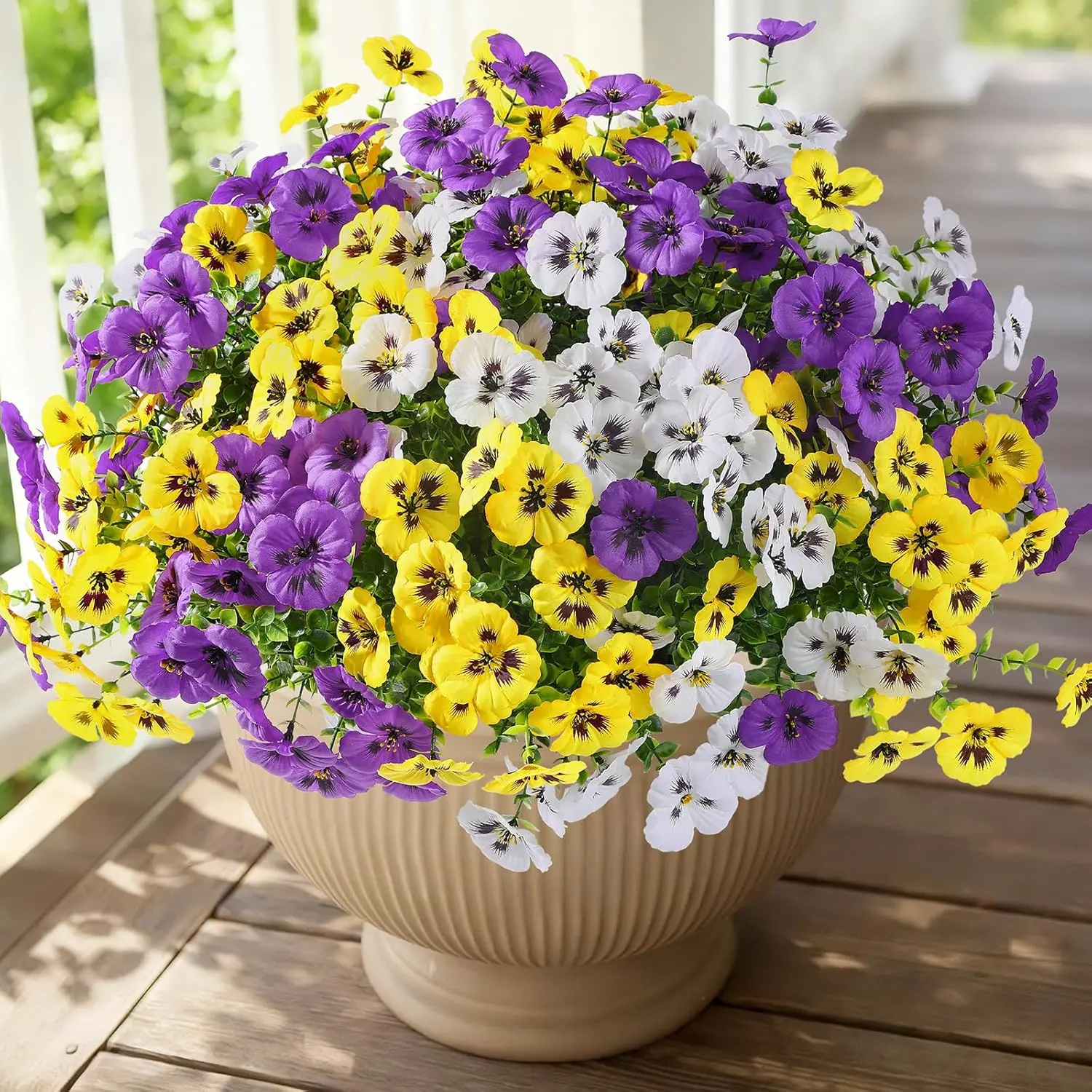 24 Bundles Artificial Flowers for Outdoors, Fake Spring Flowers for Decoration, UV Resistant Realistic Pansies with Eucalyptus Silk Faux Flowers for Porch Patio Yard, Purple Yellow White