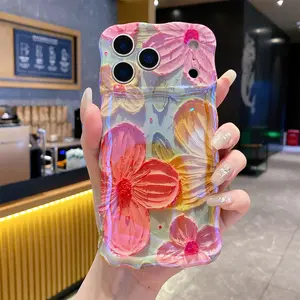 Cute Flower Phone Case for iPhone 17 Pro Max 16 15 14, Colorful Retro Oil Painting Flower Leaf Laser Glossy Pattern Cute Curly Waves Edge Exquisite Phone Cover Stylish Durable TPU Protective Case for Women