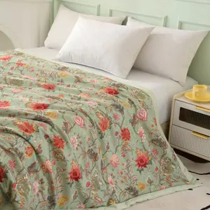 Plant Floral Print Summer Blanket, Soft Touch Air Conditioning Quilt, Single Twin Couple Use, Easy Care Bedding for Bedroom Living Room