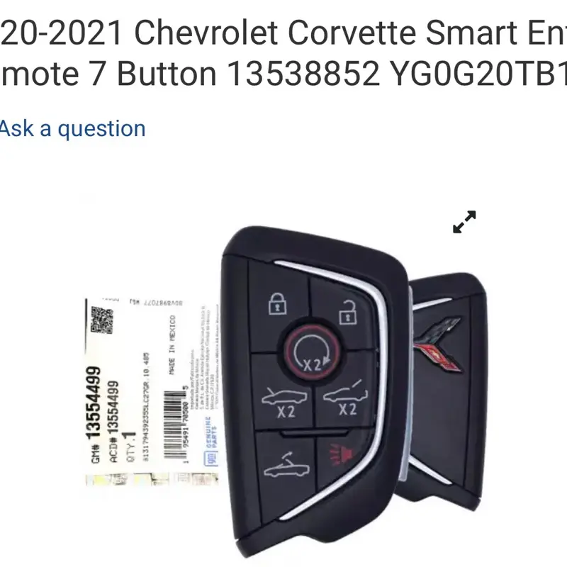 2020-2021 Chevrolet Corvette Smart Entry Remote 7 Button 13538852 YG0G20TB1
