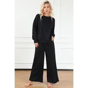 Double Take Full Size Textured Long Sleeve Top and Drawstring Pants Set Womenswear Bottom Stretchy Hip Overalls Spandex Suits