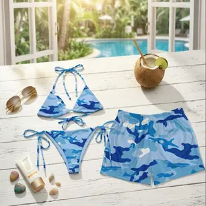 Hot Summer 2026 Matching Couple Swimwear Set, Blue Ocean Camo Bikini Set & Men Hawaiian Beach Shorts