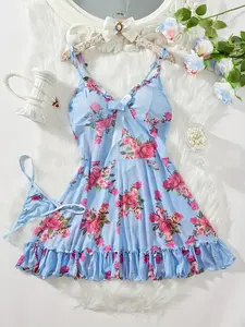 2pcs Vibrant Floral Pattern Pajama Set, Delicate Ruffled Hem, Adjustable Straps Women's Nightgown