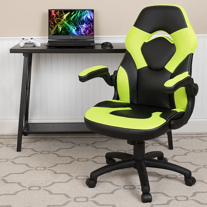 Flash Furniture CH-00095-GN-GG X10 Gaming Chair - Racing Style Ergonomic Office Computer PC Chair with Adjustable Swivel & Flip-Up Arms, Soft Leather, Neon Green & Black