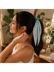 Handmade Pleated Ribbon Hair Tie with Scarf Tails, Shiny Gold Star Printed Scrunchie Ponytail Holder for Women, Lightweight Satin Look Chiffon Hair Band, No Pull Elastic Hair Rope for Bun Half Up Styling, Vintage Elegant Hair Accessory for Christmas Party