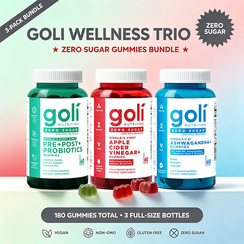 GOLI Wellness Trio - Apple Cider Vinegar, Ashwagandha & Probiotics Zero Sugar Gummies Bundle, Vegan Non-GMO, 3 Pack (180 Gummies)