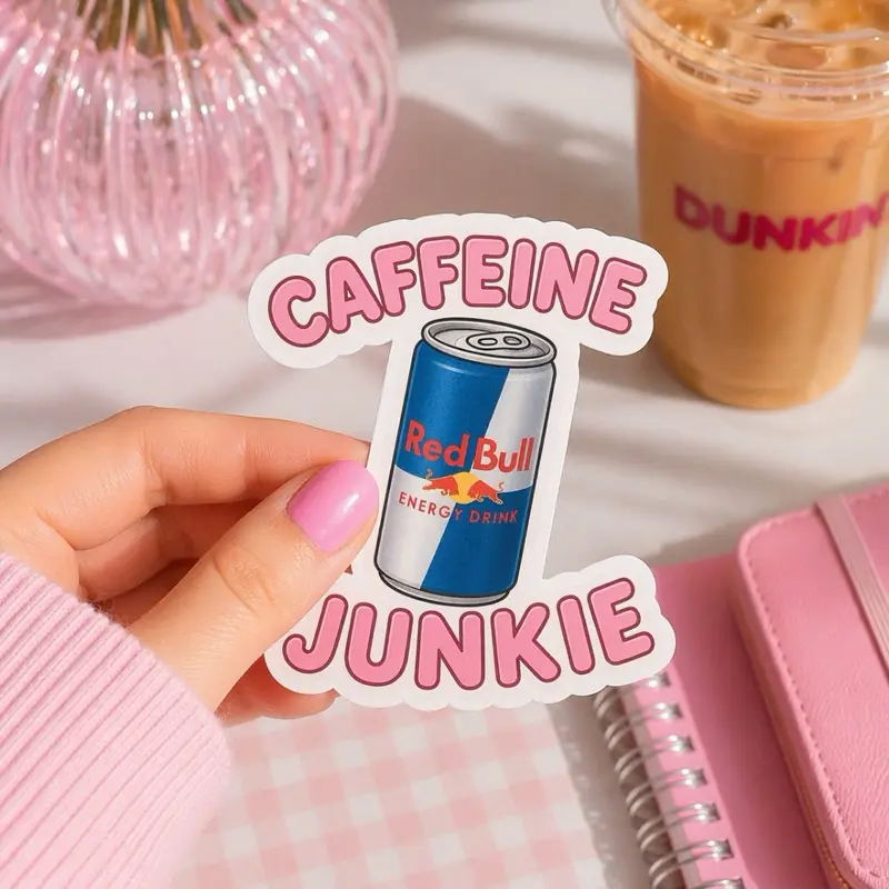 Caffeine Junkie Sticker | Funny Energy Drink Lover Decal | Relatable Tired Girl Humor
