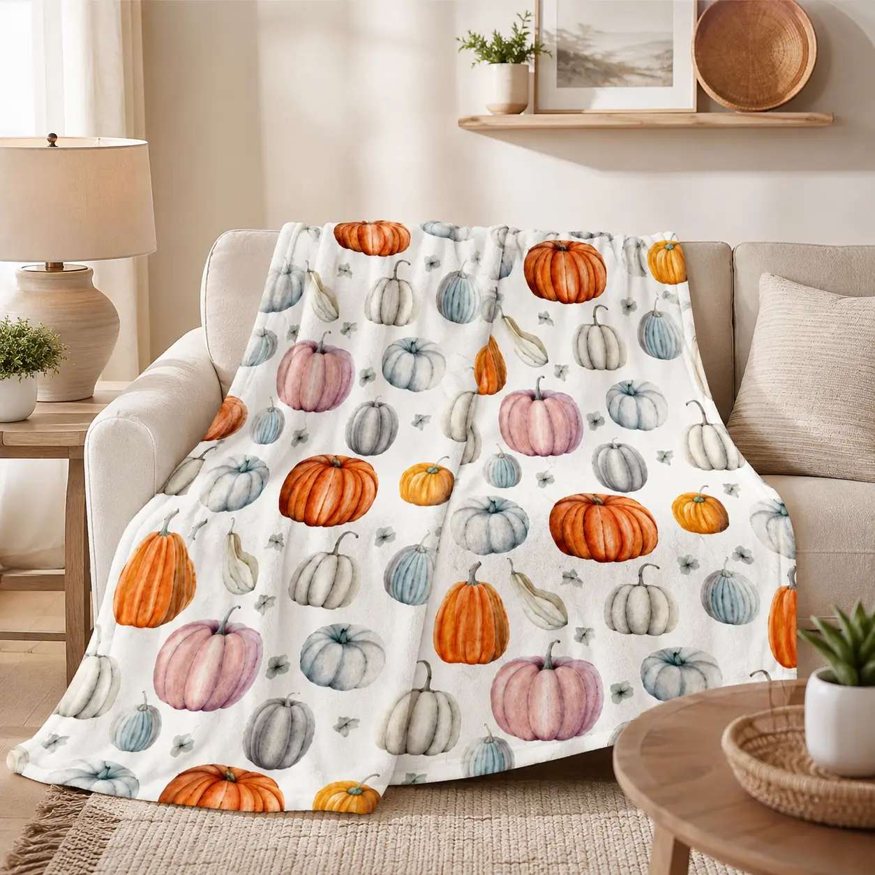 Autumn Pumpkin Flannel Throw Blanket with Orange, Pink, Blue & White Watercolor Pumpkin Print, Soft Cozy Lightweight Fleece Blanket for Couch, Bed, Sofa and Travel, Fall Farmhouse Home Decor Gift for Women, Adults and Thanksgiving Lovers