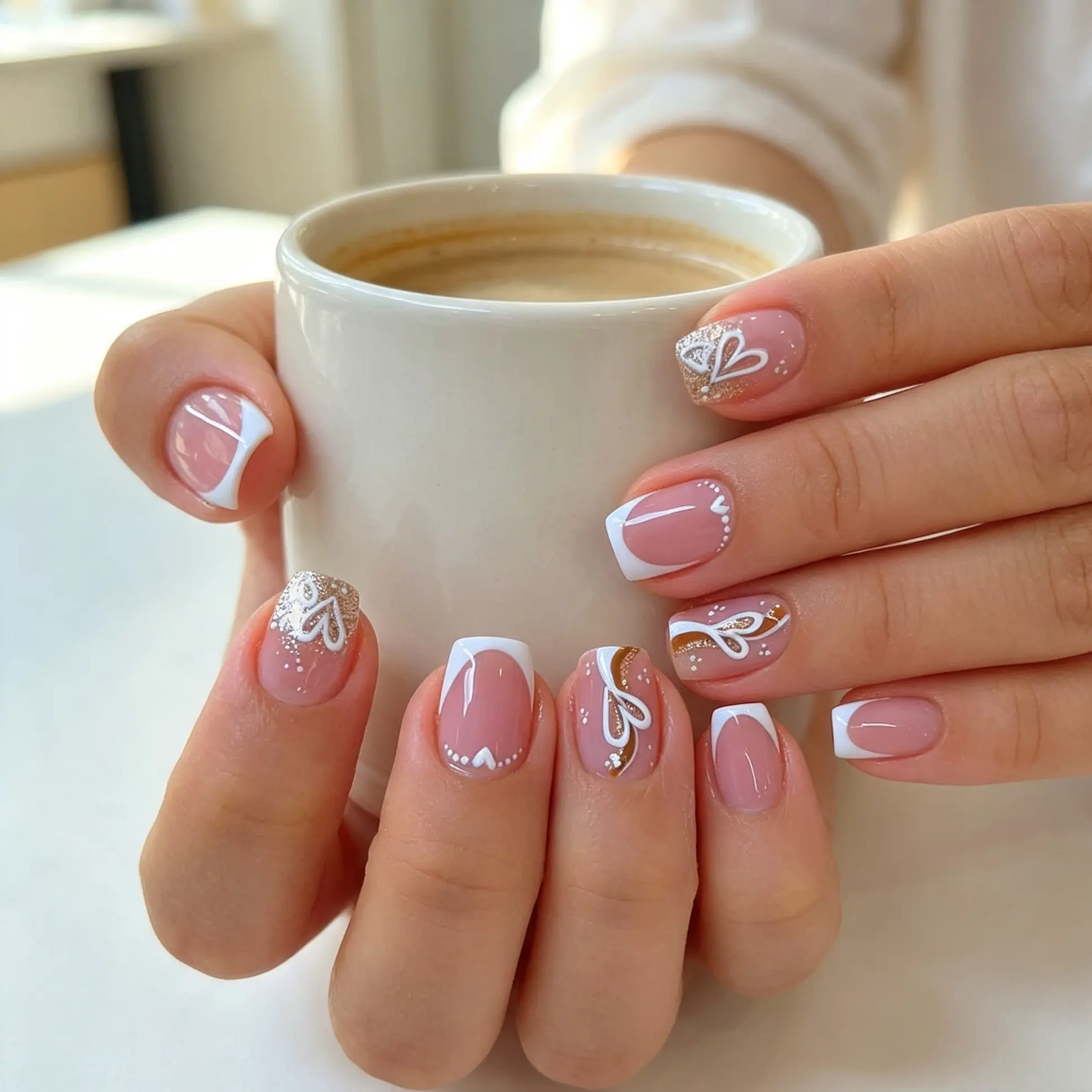 Elegant 2 Boxes Short Rectangular Press-on Fake Nails, Heart-Shaped White French Design, Reusable High-End Nail Art, Ideal for Parties, Daily Wear, Valentine's Day Gifts