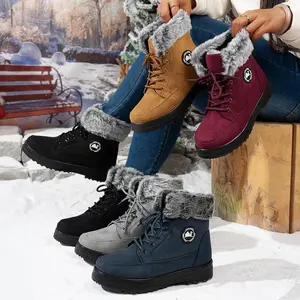 SnowBootsforWomensAnkleBootsFurLinedSideZipperSolidColorThickBottomFlatNonSlipWaterproofResistantThickenedWarmWinterOutdoorSneakersSnowBoots