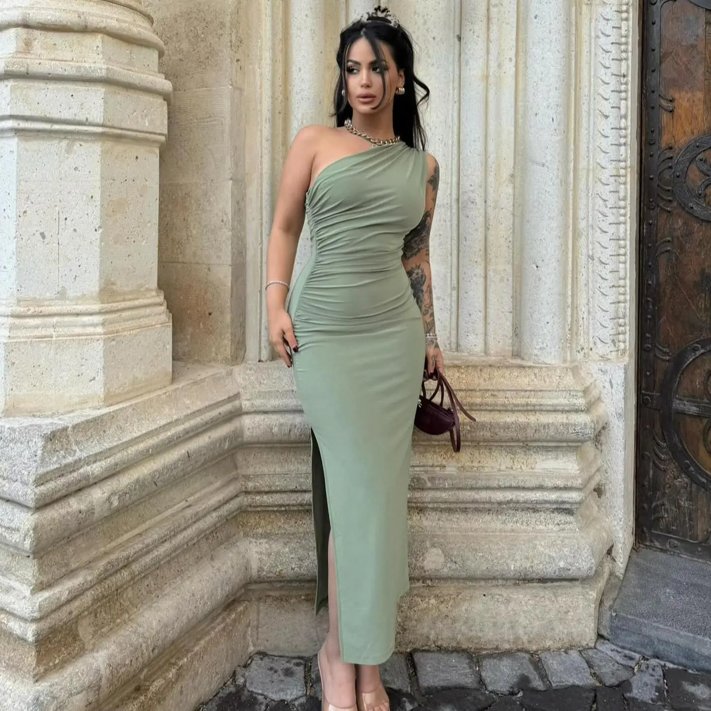 Women Dress Bodycon Elegant Sexy One Shoulder High Slit Ruched Breathable  Backless Open Back High Slit Ruffle Pleated Lace Mesh Ribbed Floral -  TikTok Shop