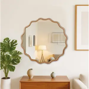 36-in Wavy Round Solid Wood Frame Decorative Mirror Natural Wood Color Modern Room Decor Sturdy Frame Elegant Design for Bedroom Bathroom Clear Reflection
