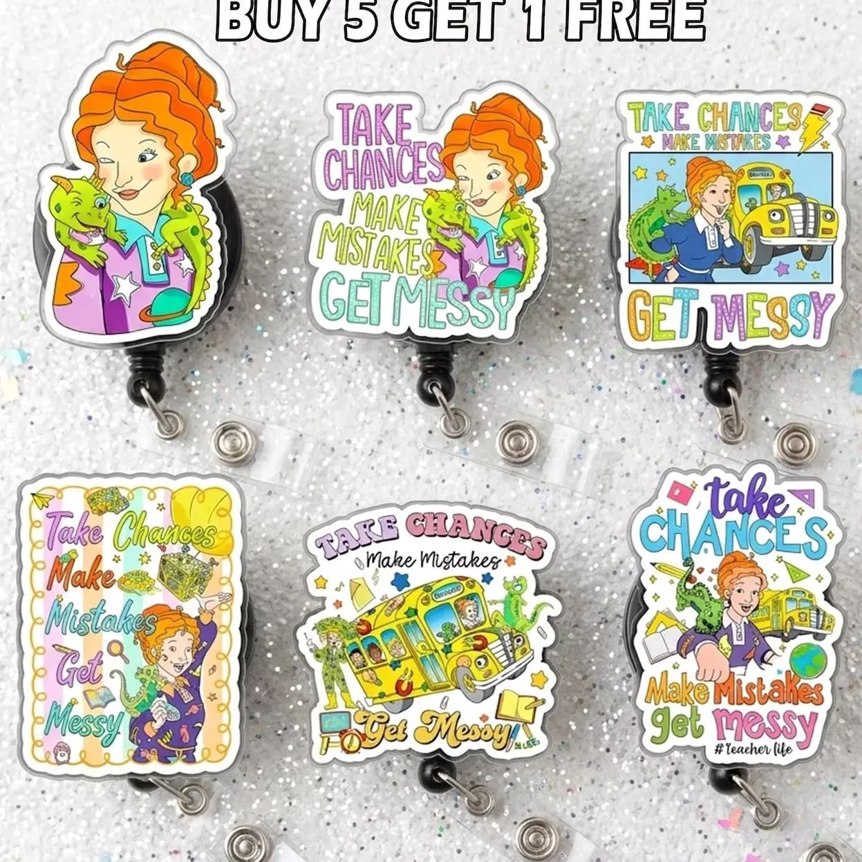 Magic School Bus Badge Reel Retractable, Cute Ms Frizzle Teacher ID Badge Holder, Take Chances Make Mistakes Get Messy Science Gift Clip