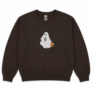 Cute Ghost Embroidered Halloween Sweatshirt – Boba Tea Ghost with Pumpkin, Fall Brown Aesthetic Shirt, Soft Cozy Spooky Season Crewneck for Her