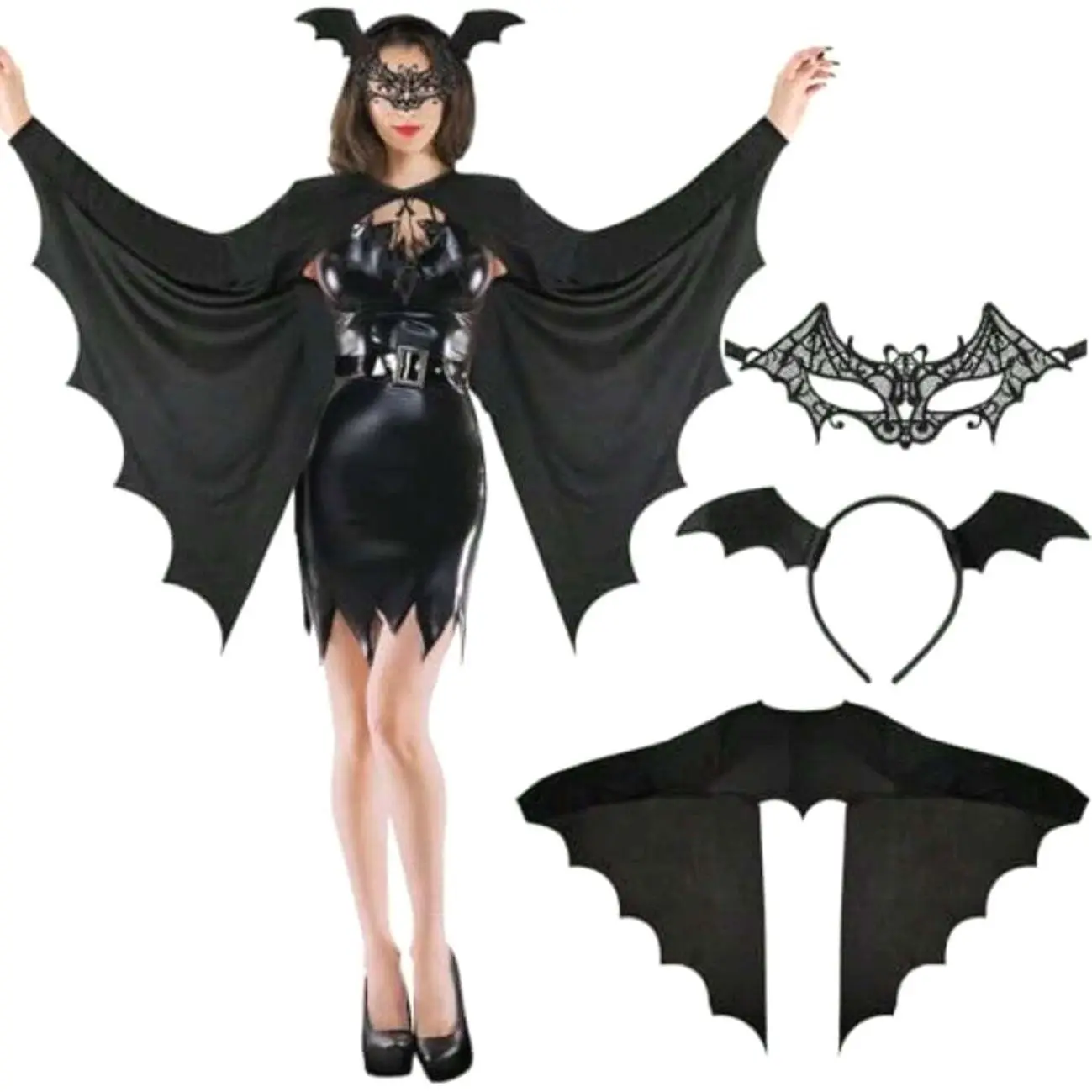Bat Costume Women - 3PCS Halloween Bat Costume Accessories Set With Black Wings, Ears Headband, Lace Mask For Women Halloween Costume Cosplay Carnival Fancy Dress Up