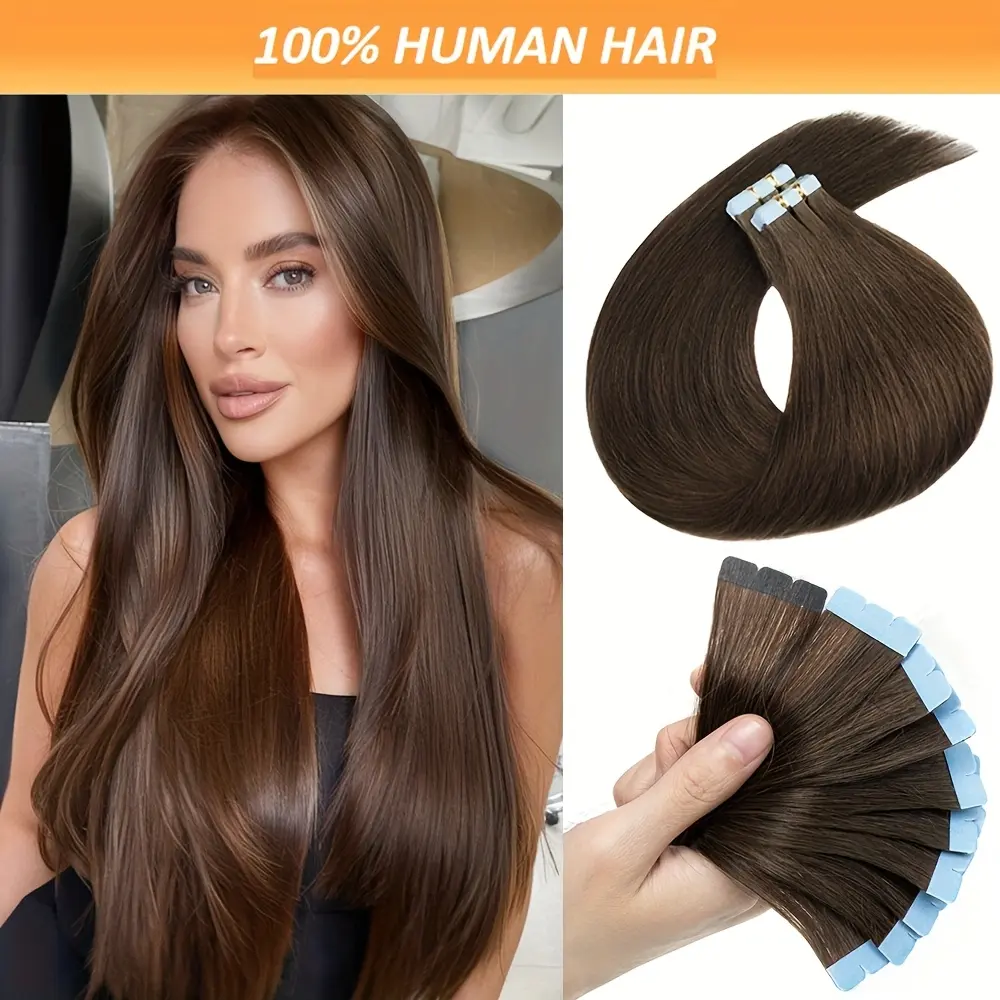 2025 Hot Full Shine Virgin Human Hair Tape in Hair Extensions Color 4 #   Dark Brown Double Sided Tape in Hair Extensions 16-28 Inch Seamless Injection Hair Extensions Tape in 1/2/3/4 Pack
