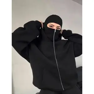 Stylish Women's Double Hood Balaclava with Zipper, Ribbed Cuffs, Elastic Waistband, All-Season Hoodie Sweatshirts