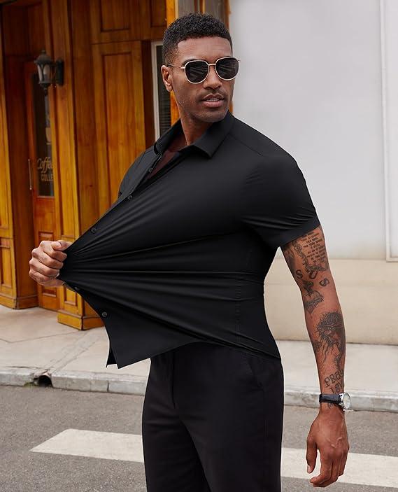 2-Pack Alimens&Gentle Men's Stretch Dress Shirts Short Sleeve Slim Fit Business Casual Button Down Shirts Muscle Fit Men's Dress Shirts Shortsleeve Menswear gifts for dad