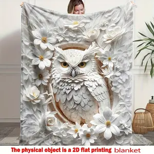 2D Flat Printing Fluffy Blanket White Owl Relief Print Throw Blanket, Fantasy Boho Comfortable Soft Bedding Set Bed Blanket, King Queen Style Sofa Lunch Blanket, Winter Warm Blanket, Living Room Bedroom Decoration, Camping, Birthday Gift