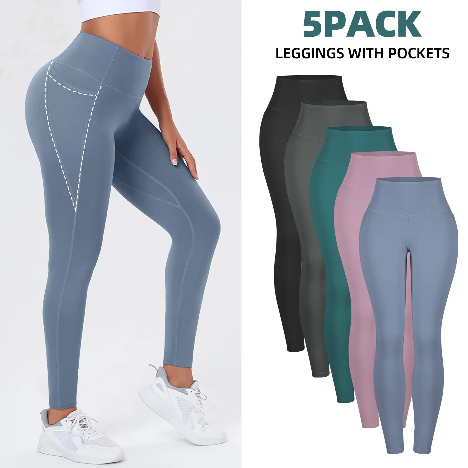 【Daily Essential】3/5/6-Pack Women High Waisted Leggings with Pockets, Soft Athletic Pants for Running Cycling Yoga Workout