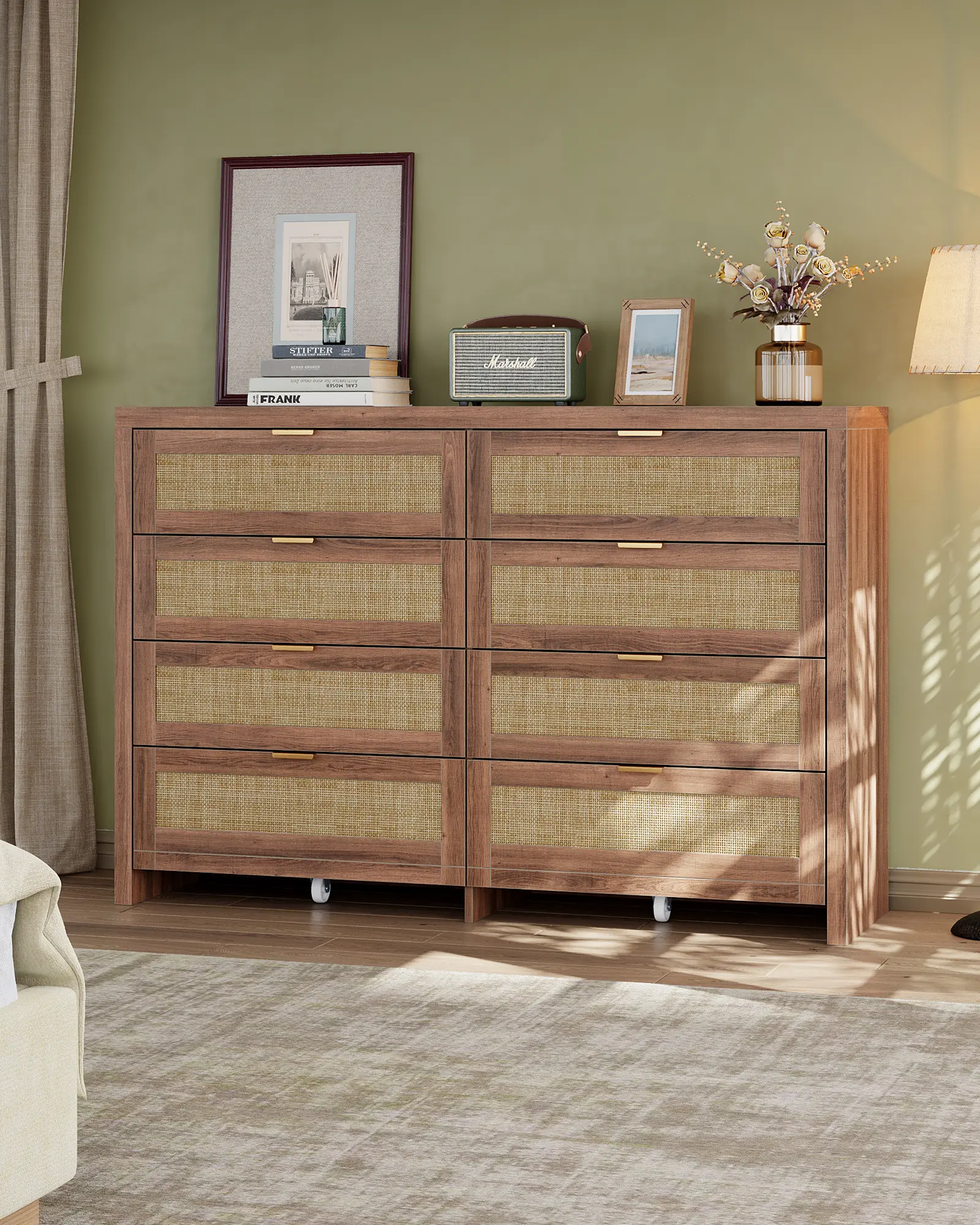 FUSOU 8 Drawers Dresser for Bedroom, Rattan Dresser with Wood Frame & Metal Handles, Chest of Drawers with Wheels, Dresser Closet Organizers and Storage for Living Room, Entryway, Walnut