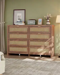 FUSOU 8 Drawers Dresser for Bedroom, Rattan Dresser with Wood Frame & Metal Handles, Chest of Drawers with Wheels, Dresser Closet Organizers and Storage for Living Room, Entryway, Walnut,SummerVibe