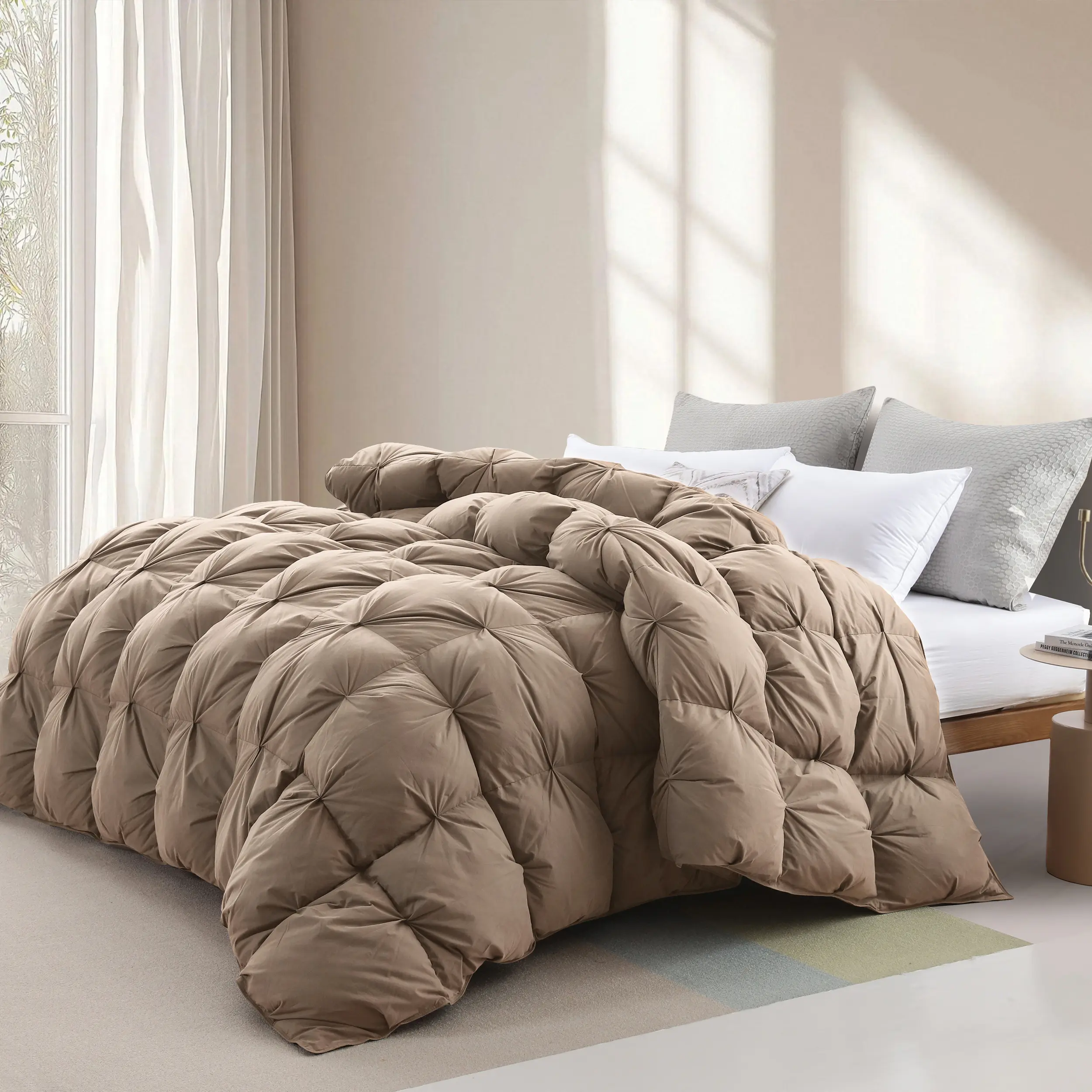 Light Coffee Feather Down Pinch Pleat Comforter - Cotton Fabric, All-Seasons Duvet Insert with 8 Tabs, Lightweight Warm Bedding, Fluffy Fill, Responsibly Sourced (Sizes: 64x88in, 82x86in, 88x88in, 102x88in; Notes: No, Do Not Iron), Cotton Cover, Mult