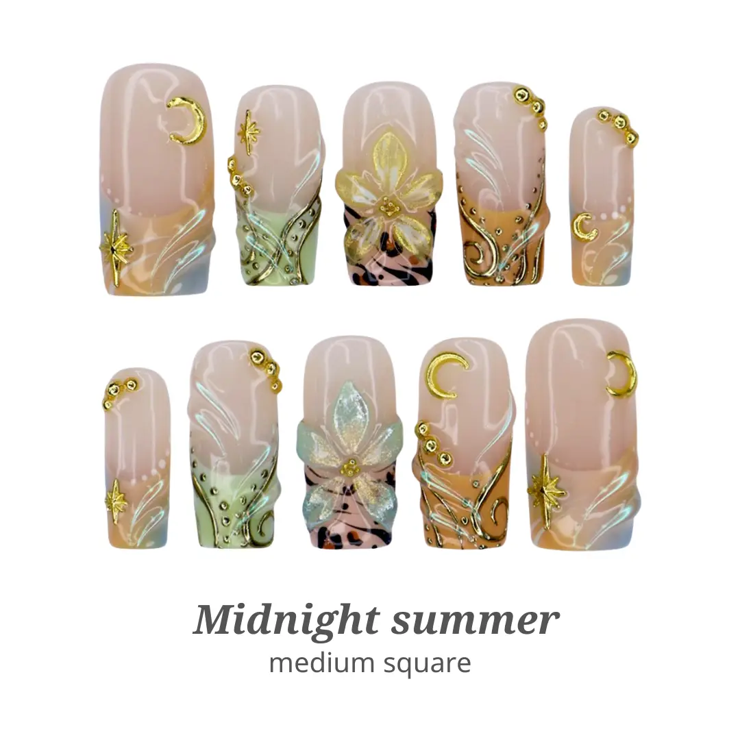 Lilynailsart | Midnight Summer Press On Nails - Moon, Star & Tropical Flower Nail Art - Medium Square