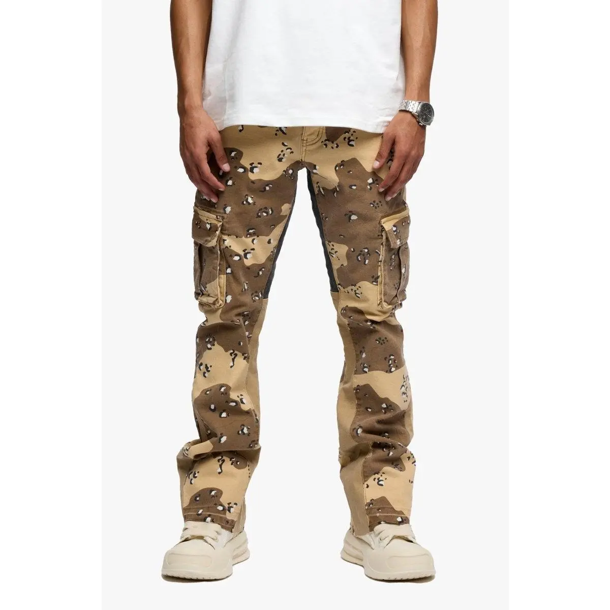 Men's Geno Stacked Flared Ripped Jeans - DB-Sand, Aesthetic Distressed Clothes, Camo Print Cotton-Spandex Stretch Fabric, Utility Pockets, Full Length Streetwear, Gen X Streetwear, Military Edge Casual Menswear Pants