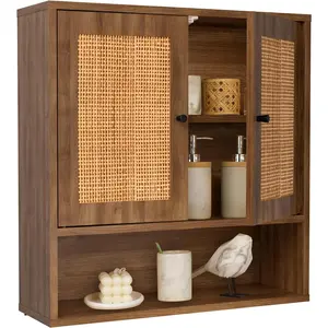 Wall Cabinet,Rattan Cabinet Boho Chic Bathroom  Cabinet Over The Toilet Storage 3-Tier Cabinet Wall Mount with Double-Door for Kitchen,Dining Room,Living Room Storage 23.23 x 7.68 x 24 in