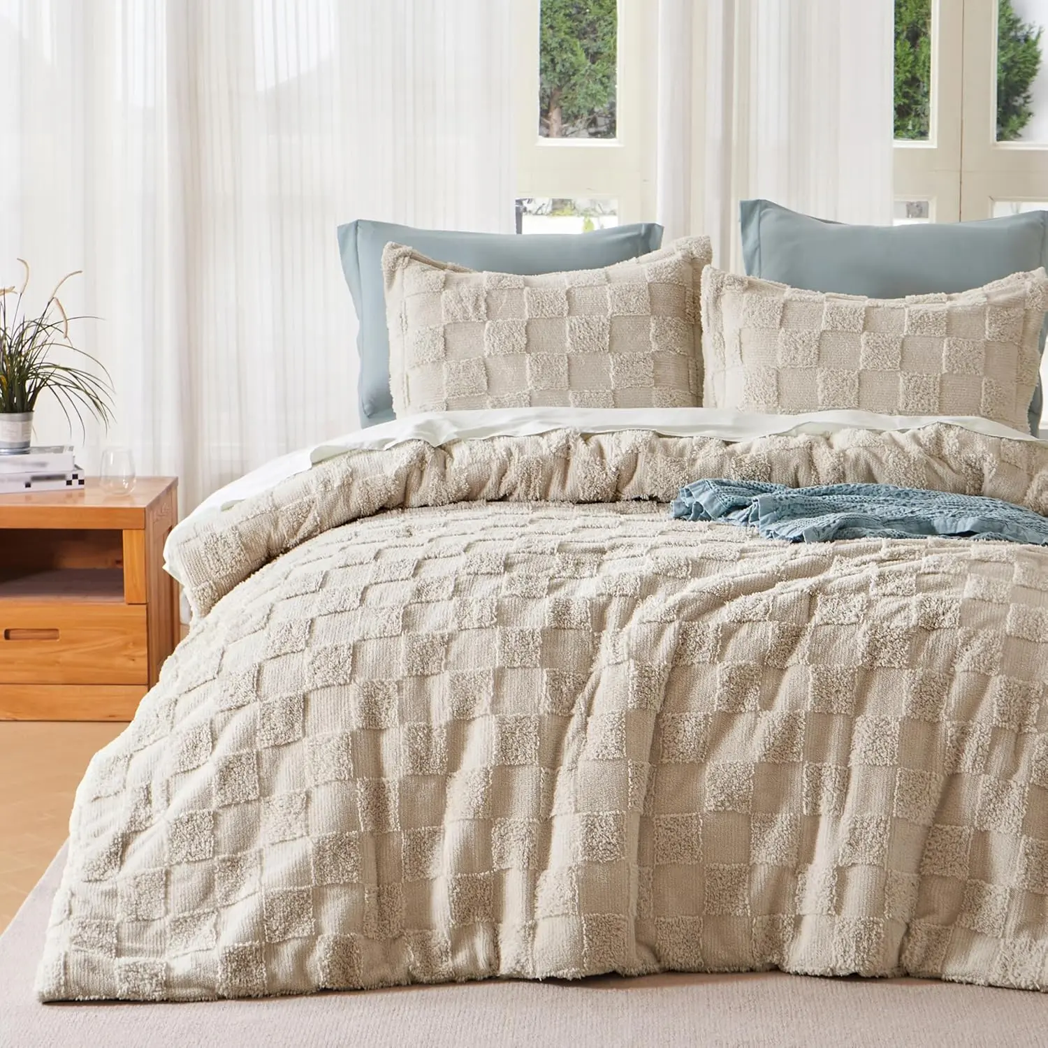 Tufted King Size Comforter Set, 3 Pieces Beige Boho King Bedding Set with 1 Plaid Geometric Comforter and 2 Pillow Shams, Checkered Bed in a Bag for All Se