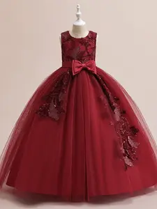 Kids Clothes Long Embroidery Bow Mesh Ball Gown Children Performance Princess Formal Evening Party Pageant Prom Host Cocktail Dress Flower Girls Tulle Dress for all Season 4 to 14 Years