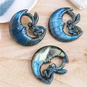 Blue Labradorite Stone Moon Fairy Carving Decoration Healing Crystal Reiki Chakra Therapy