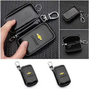 Chevrolet Leather Car Key Case, Zipper Design, Smart Remote Key Holder, Metal Badge Car Key Protection Bag, Scratch-Resistant Key Pouch with Hook Clip
