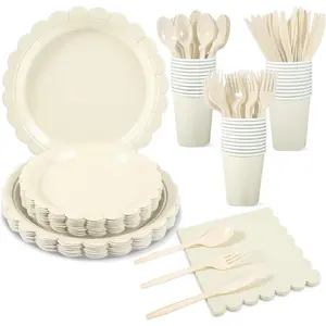 175 Pcs Ivory Paper Plates and Napkins Set, Beige Party Supplies with Scalloped Cream Plates, Napkins, Cups and Plastic Cutlery for Wedding, Bridal Shower, Baby Shower, Birthday Party, Engagement, Anniversary and Elegant Table Decorations