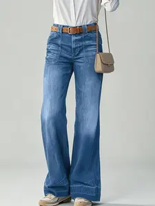Women's High-Waist Contrast Stitch Patch Pocket Bootcut Jeans - Stretch Whisker Gradient Wash Floor-Grazing Curved Hem Womenswear Bottom Trousers
