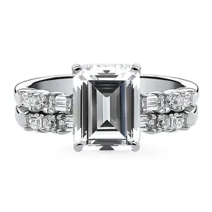 BERRICLE Sterling Silver Solitaire Art Deco Engagement Rings Stackable Band for Women, 2.1 Carat Emerald Cut Cubic Zirconia CZ Ring Set
