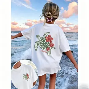 Sea Turtle Hibiscus Graphic Tee, Women Short Sleeve Beachy Summer Vacation Shirt, Casual Soft Cotton Crewneck Top, Tropical Floral Ocean Design, Lightweight Breathable Daily Wear, Stylish Vacation Casual Appare