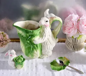 Ceramic Bunny & Lettuce Pitcher w/Salt & Pepper Shakers by Valerie