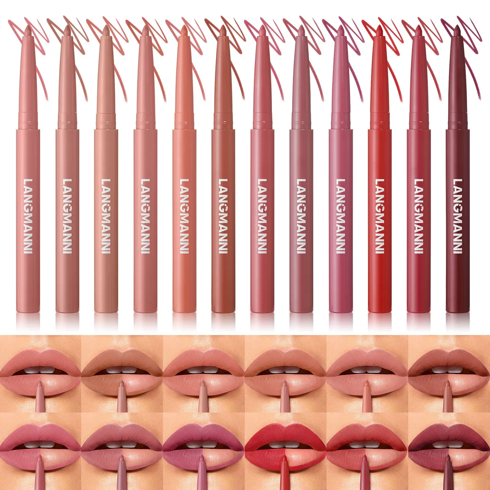 12 Sculpting Matte Velvet Lip Liner Set,Smooth Creamy Texture,Waterproof And High Pigmented For Girls Daily Application Lip Makeup