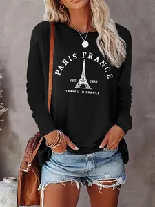 Women's Eiffel Tower & Letter Print Round Neck Sweatshirt, Casual Long Sleeve Crew Neck Graphic Print Pullover for Fall & Winter, Women's Clothes for Daily Wear, Womenswear