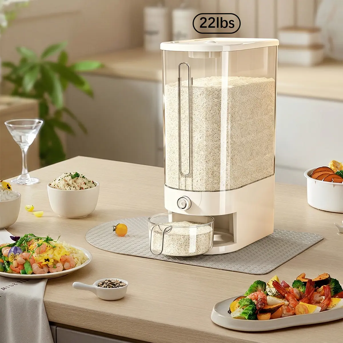 22-lb Large-Capacity Rice Dispenser with Measuring Cup & Time Markings, Kitchen Grain & Dry Food Storage Container (Home Organizer Bin)