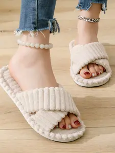 ☁️Soft Plush Women Slippers, Fluffy Velvet Surface, Cross Strap Design, Thick Shock-Absorbing Sole, Breathable, Ideal for Bedroom and Living Room