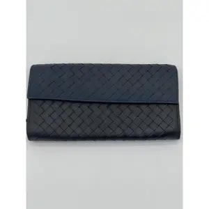 Pre-owned Bottega Veneta Leather Small Leather Goods PRELOVED Intrecciato Black and Navy Woven Wallet XM6M9TT 100724 H