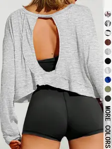 Women's Solid Backless Sports Tee, Casual Long Sleeve  T-shirt for Yoga Gym Workout, breathable workout tops, Ladies Sportswear for All Seasons