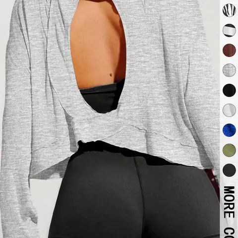 Women's Solid Backless Sports Tee, Fitness Shirts, Fitness Clothes, Casual Long Sleeve T-shirt for Yoga, Gym and Workout, Breathable Top, Ladies Sportswear for All Seasons, Hollow Back Activewear, Athletic Tops, Training Top