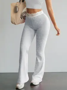 Women's Lace Trim Waistband High-Waisted Leggings, Stretchy Tight-Fitting Pants, Athleisure Style Bottoms for Gym Workout Street Outdoor Casual Running Hiking All Seasons