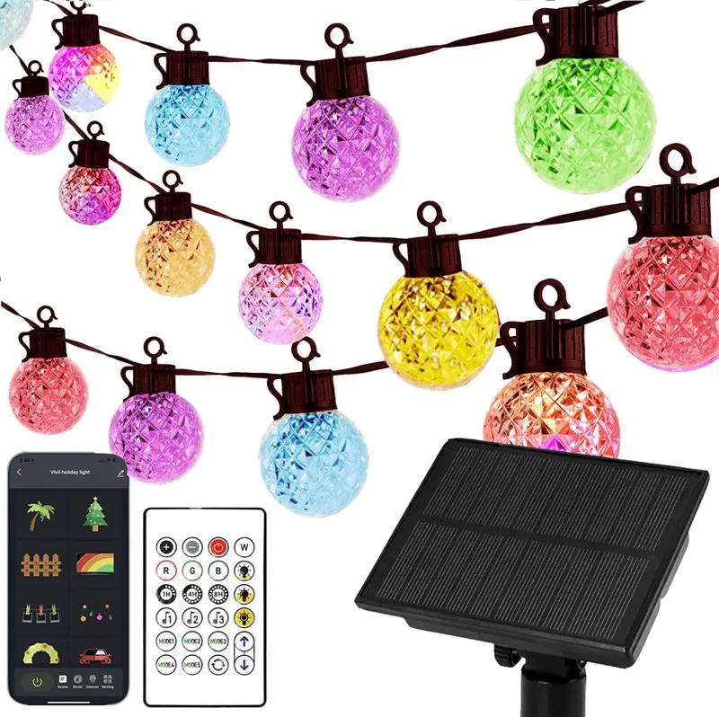 Solar LED String Lights, 25 RGB Color Changing Bulbs, Bluetooth App Control, IP65 Waterproof, 8 Scene & 4 Music Modes, 15ft Globe Lights for Patio, Backyard, and Party Decor