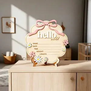 Wooden Hello World Birth Announcement Sign, Butterfly Flower Baby Photo Prop, Newborn Memorial Record Plate, Wooden Plaque, Nursery Decor, Elegant Design