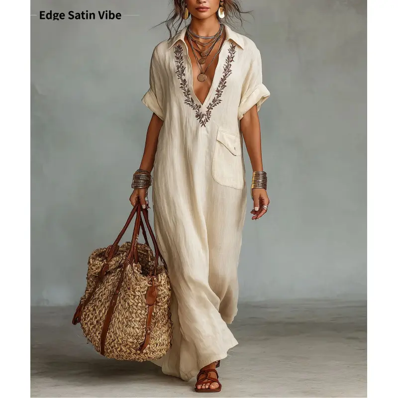 New loose-fitting women's embroidered pocket casual collared dress
